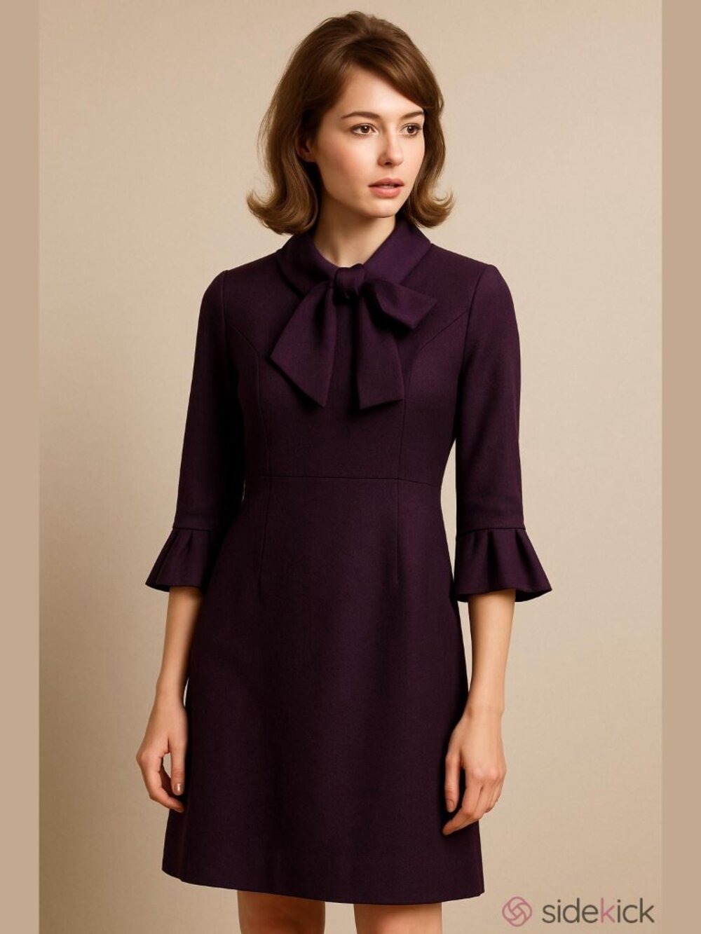 60's Wool Dress with Neck Tie and Flared Sleeve in Plum Purple